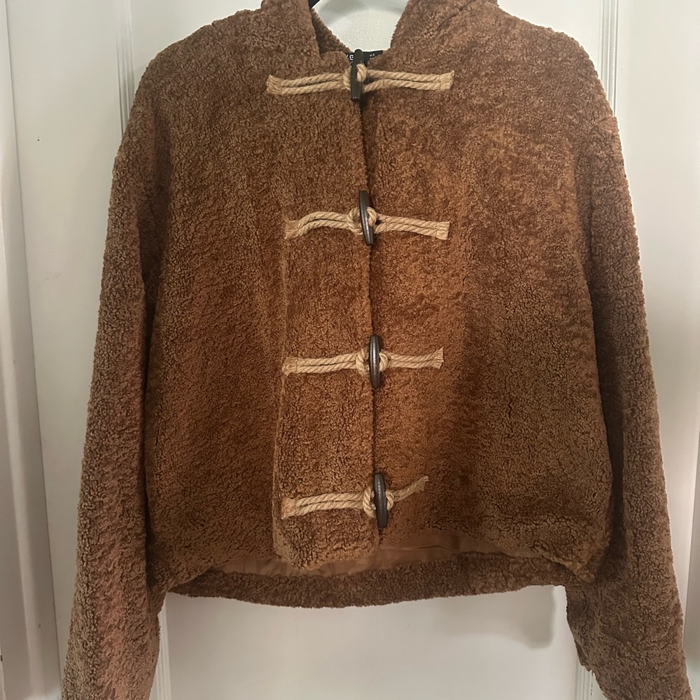 Nasty Gal Brown Hooded Teddy Jacket with Toggle Closures NWT